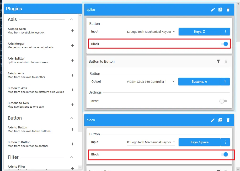 |100
阻止物理输出
通过如parsec、UU远控等远程软件传输操作信号时,为了避免同时传输虚拟手柄信号与对应的键盘/手柄信号,强烈建议使用UCR的用户每个输入按钮都配置block以阻止物理键盘/手柄信号,只输出虚拟手柄信号。
严肃警告
阻止物理输出非常“低级”,这意味着它甚至可以拦截
CTRL-ALT-DEL,并且当任务管理器打开时,它仍然会运行 - 这意味着如果出现问题,正在被拦截处理的设备(键盘或鼠标)可能会完全“锁定”(即变得无法运行)。 在最坏的情况下,您需要使用 PC 上的电源按钮来重置它。 所以ALT、TAB、ESC这三个按键不可以作为 键盘映射手柄的选择!!!,鼠标作为输入也要慎重考虑是否要配置block。
由于上述原因,默认情况下禁用拦截提供程序的阻止。 您可以通过更改配置文件来启用阻止,但在匆忙执行之前,请注意以上警告。
要在UCR中启用阻止,请确保 UCR文件夹\Providers\Core_Interception 文件夹中有一个文件 Settings.xml,且该文件中具有以下设置,即确保 BlockingEnabled的Value为 True:
<?xml version="1.0" encoding="utf-8" ?>
<Settings>
<Setting>
<Name>BlockingEnabled</Name>
<Value>True</Value>
</Setting>
</Settings>然后再次重启UCR,就可以看到配置文件里的每个输入都会有block选项,请全部勾选,如图所示
![